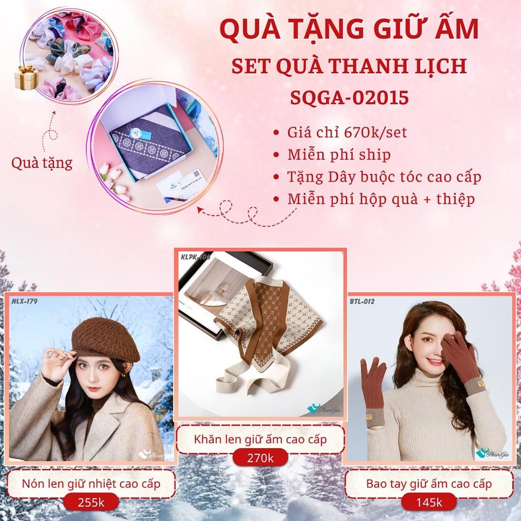 Quà Tặng Giữ Ấm Thanh Lịch - Set Quà Tặng Nón Len, Khăn Giữ Ấm Và Bao Tay (SQGA02015)