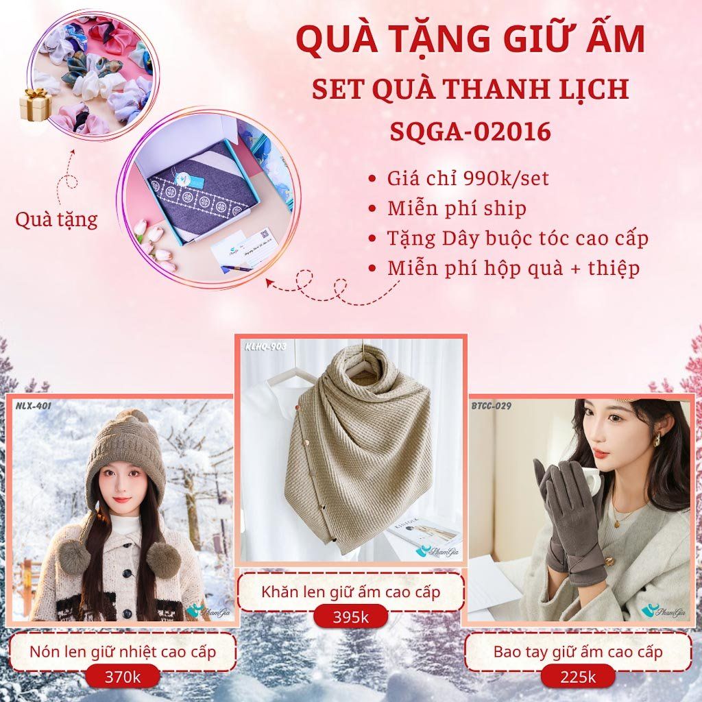 Quà Tặng Giữ Ấm Thanh Lịch - Set Quà Tặng Nón Len, Khăn Giữ Ấm Và Bao Tay (SQGA02016)