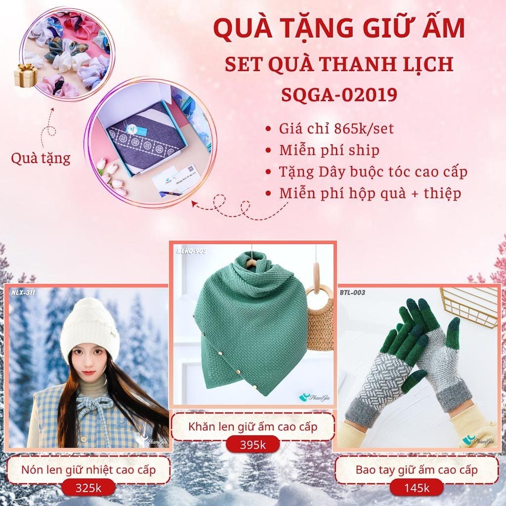 Quà Tặng Giữ Ấm Thanh Lịch - Set Quà Tặng Nón Len, Khăn Giữ Ấm Và Bao Tay (SQGA02019)