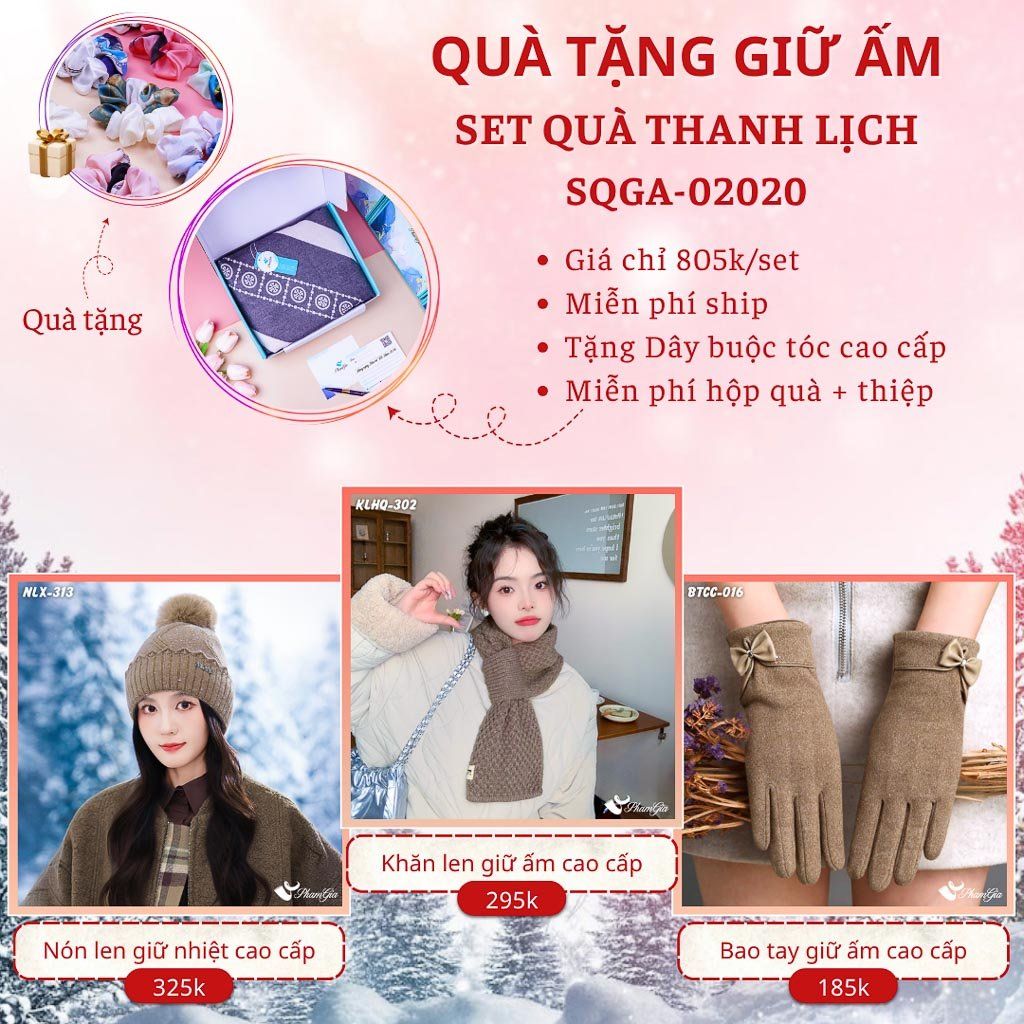 Quà Tặng Giữ Ấm Thanh Lịch - Set Quà Tặng Nón Len, Khăn Giữ Ấm Và Bao Tay (SQGA02020)