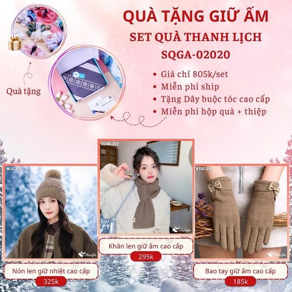 Quà Tặng Giữ Ấm Thanh Lịch - Set Quà Tặng Nón Len, Khăn Giữ Ấm Và Bao Tay (SQGA02020)