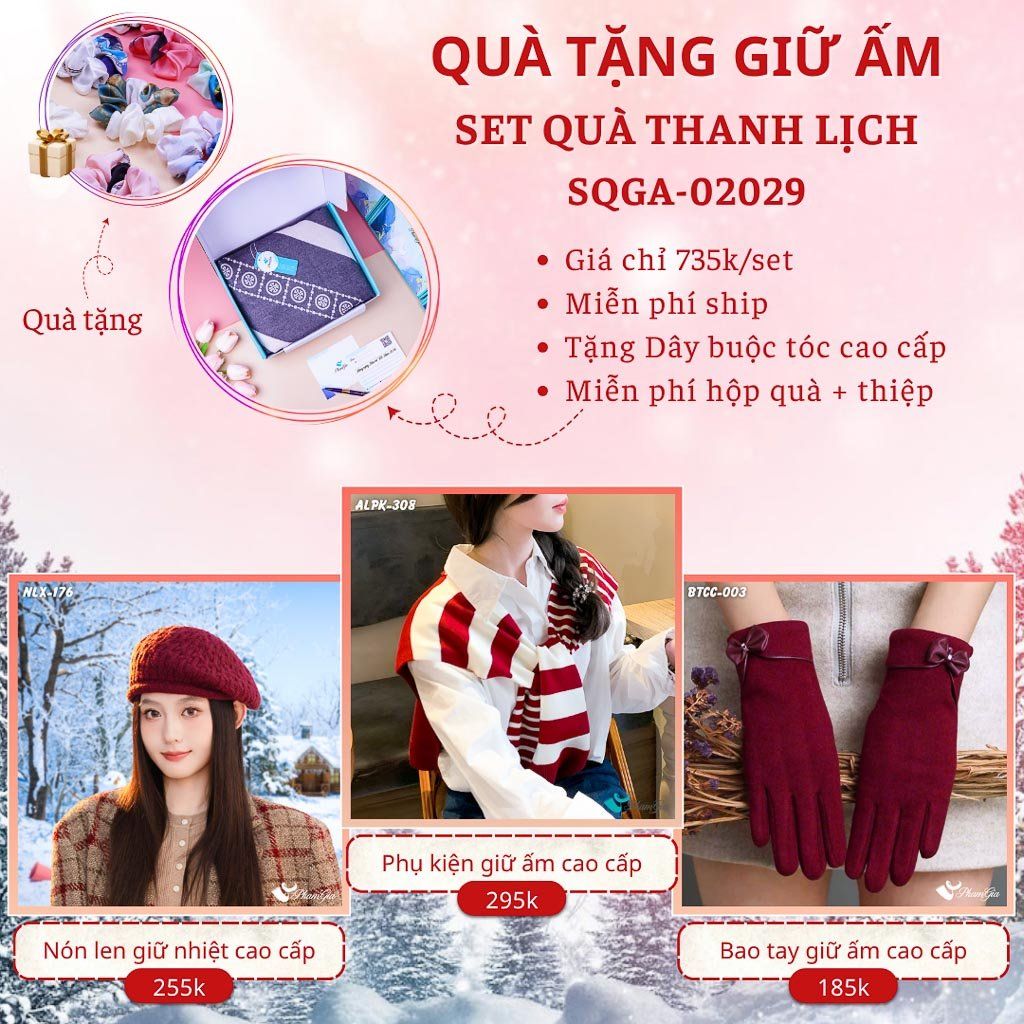 Quà Tặng Giữ Ấm Thanh Lịch - Set Quà Tặng Nón Len, Khăn Giữ Ấm Và Bao Tay (SQGA02029)