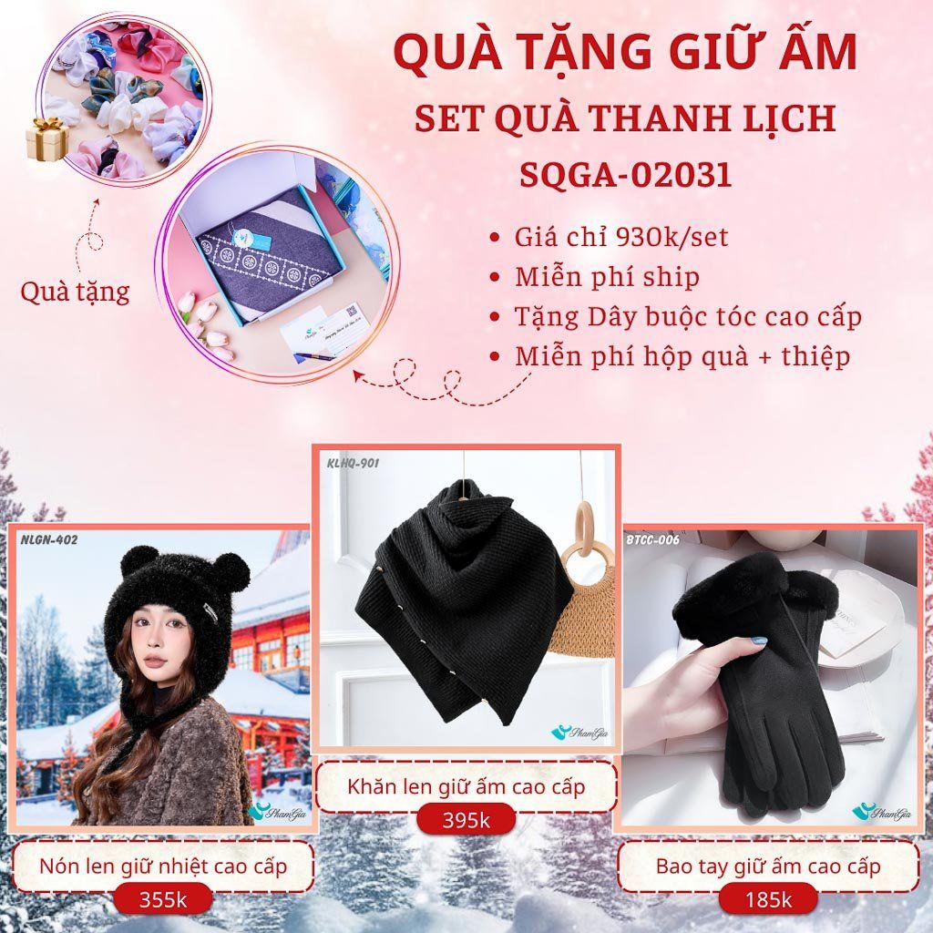 Quà Tặng Giữ Ấm Thanh Lịch - Set Quà Tặng Nón Len, Khăn Giữ Ấm Và Bao Tay (SQGA02031)