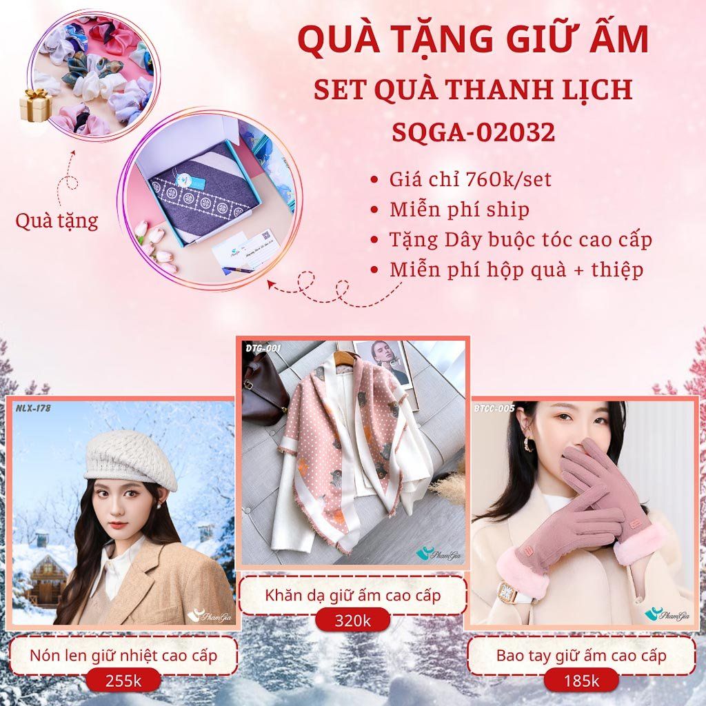Quà Tặng Giữ Ấm Thanh Lịch - Set Quà Tặng Nón Len, Khăn Giữ Ấm Và Bao Tay (SQGA02032)