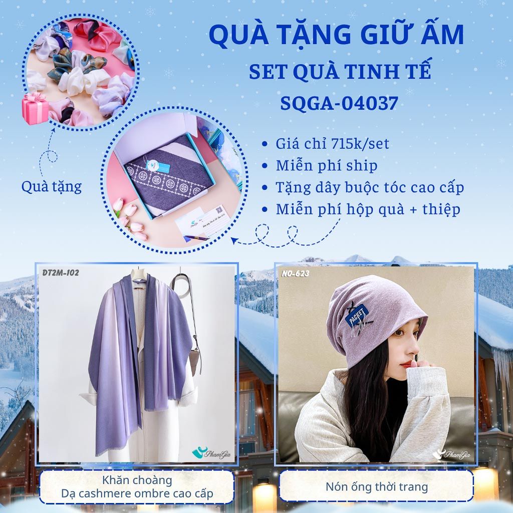 Quà Tặng Giữ Ấm Tinh Tế - Set Quà Tặng Khăn Choàng Dạ Cashmere Ombre Cao Cấp Và Nón Ống Thời Trang (SQGA04037)