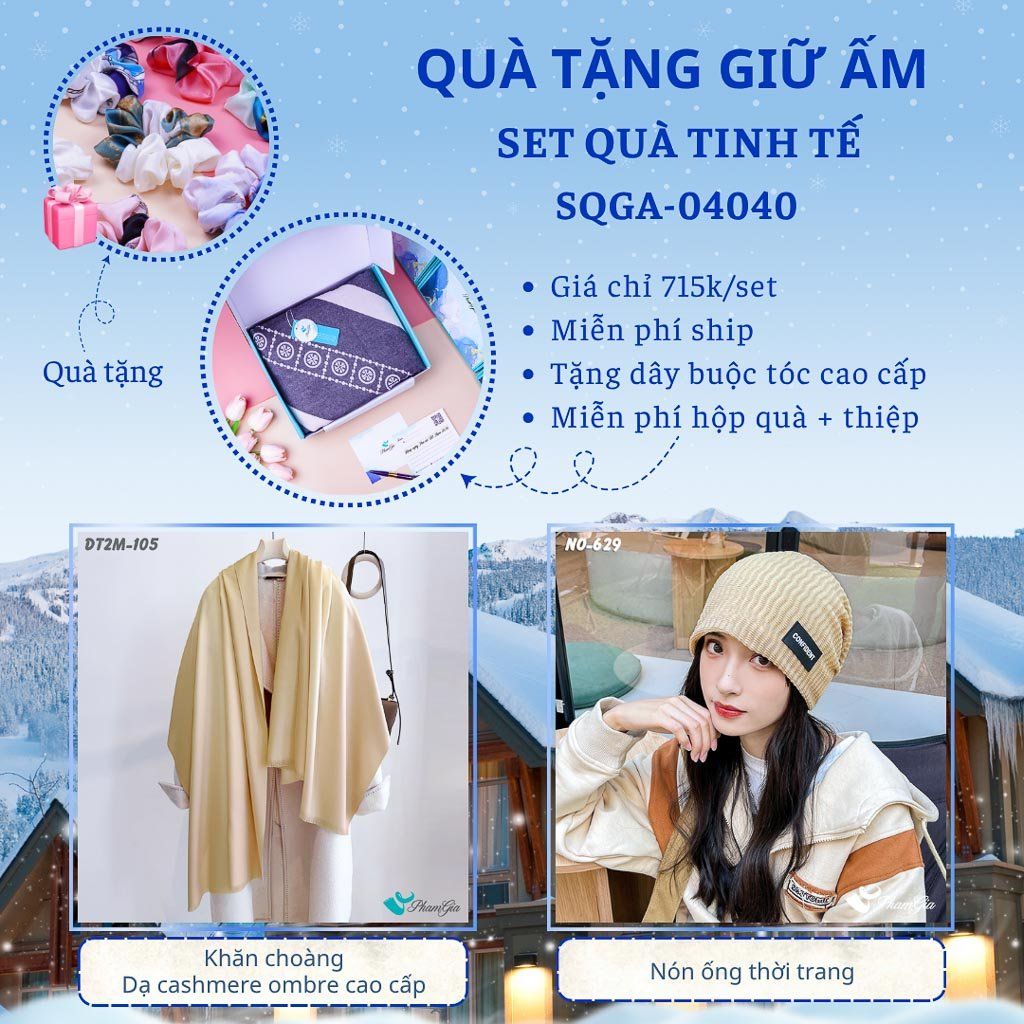 Quà Tặng Giữ Ấm Tinh Tế - Set Quà Tặng Khăn Choàng Dạ Cashmere Ombre Cao Cấp Và Nón Ống Thời Trang (SQGA04040)