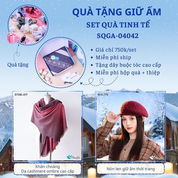 Quà Tặng Giữ Ấm Tinh Tế - Set Quà Tặng Khăn Choàng Dạ Cashmere Ombre Cao Cấp Và Nón Len Giữ Ấm (SQGA04042)