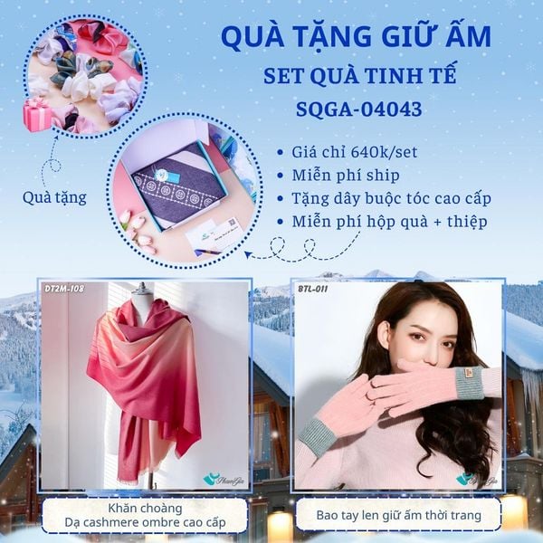 Quà Tặng Giữ Ấm Tinh Tế - Set Quà Tặng Khăn Choàng Dạ Cashmere Ombre Cao Cấp Và Bao Tay Len (SQGA04043)
