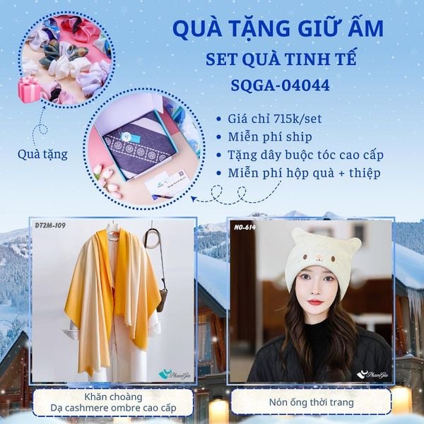 Quà Tặng Giữ Ấm Tinh Tế - Set Quà Tặng Khăn Choàng Dạ Cashmere Ombre Cao Cấp Và Nón Ống Thời Trang (SQGA04044)