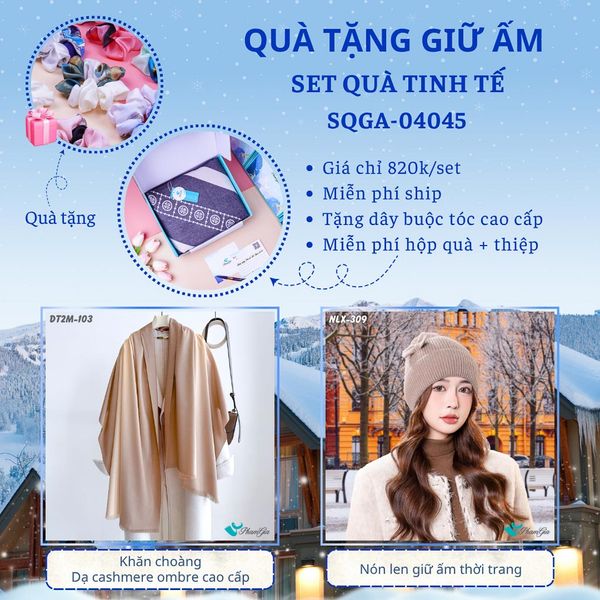 Quà Tặng Giữ Ấm Tinh Tế - Set Quà Tặng Khăn Choàng Dạ Cashmere Ombre Cao Cấp Và Nón Len Giữ Ấm (SQGA04045)