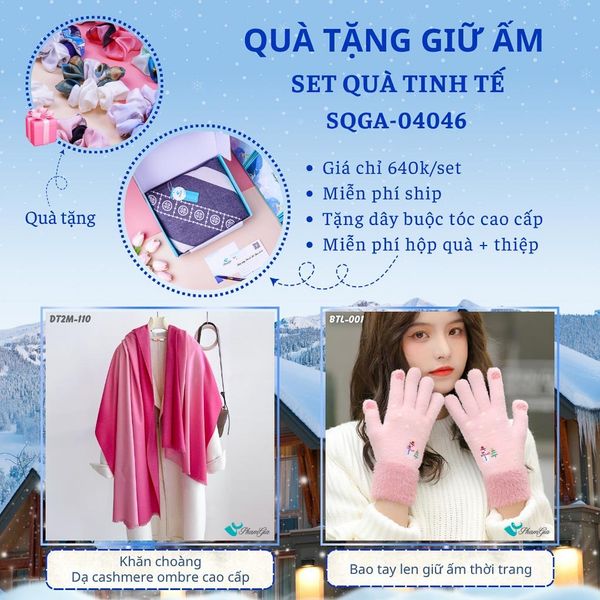 Quà Tặng Giữ Ấm Tinh Tế - Set Quà Tặng Khăn Choàng Dạ Cashmere Ombre Cao Cấp Và Bao Tay Len (SQGA04046)
