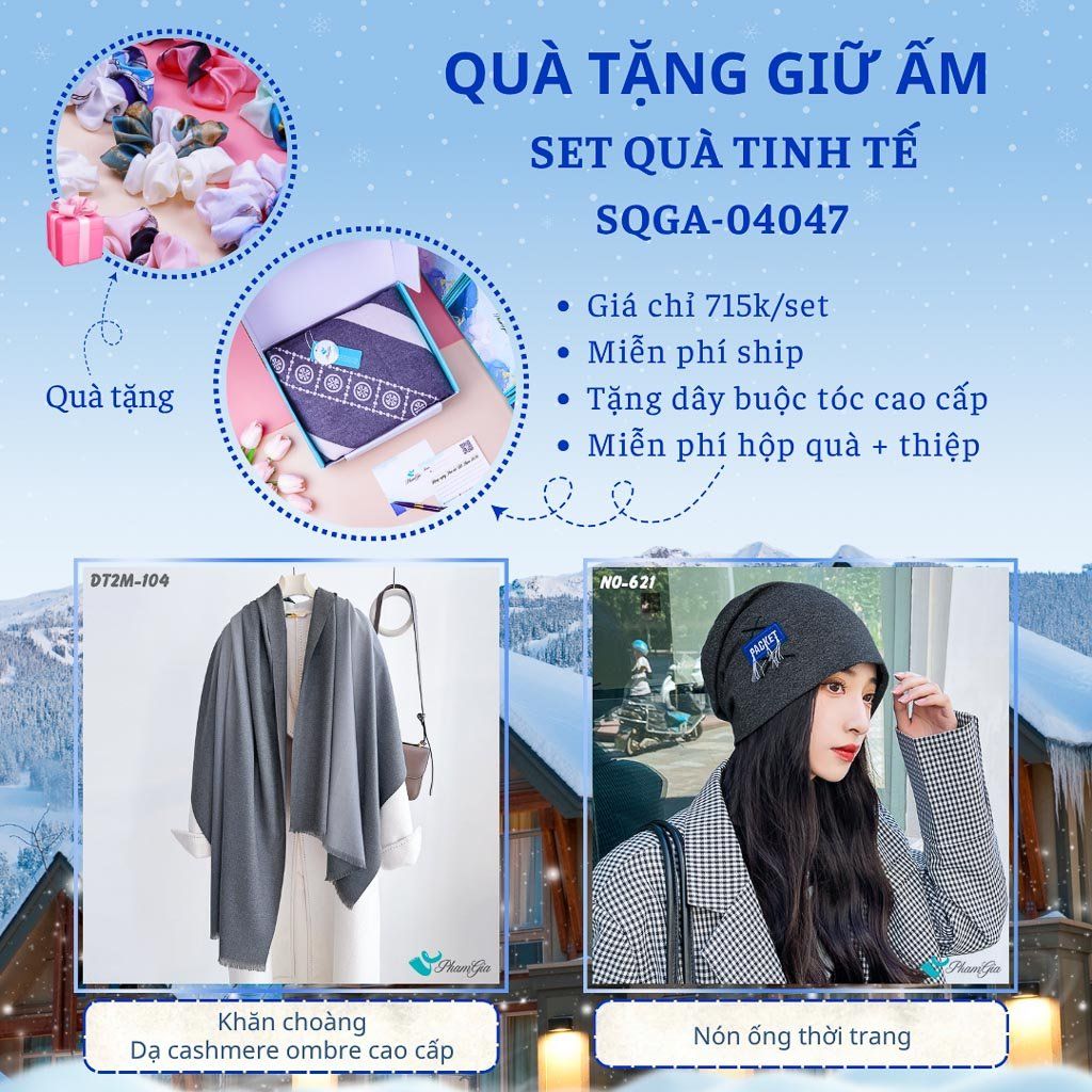 Quà Tặng Giữ Ấm Tinh Tế - Set Quà Tặng Khăn Choàng Dạ Cashmere Ombre Cao Cấp Và Nón Ống Thời Trang (SQGA04047)