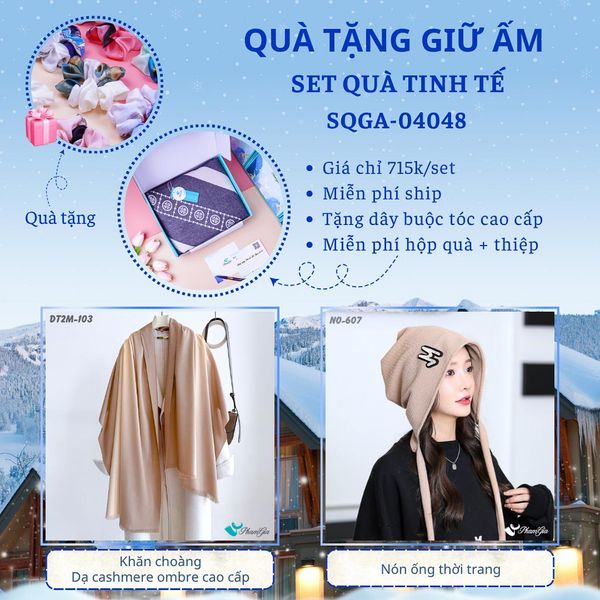 Quà Tặng Giữ Ấm Tinh Tế - Set Quà Tặng Khăn Choàng Dạ Cashmere Ombre Cao Cấp Và Nón Ống Thời Trang (SQGA04048)