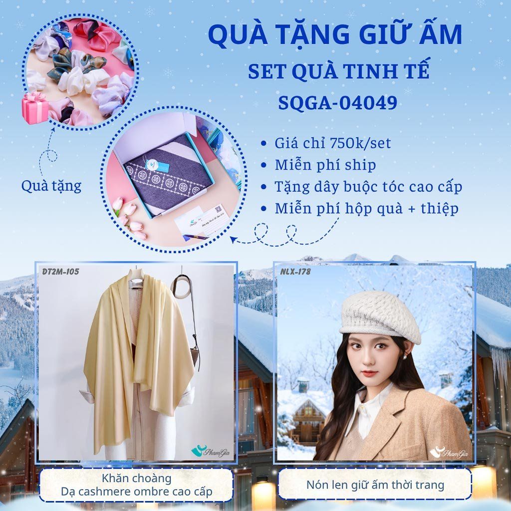 Quà Tặng Giữ Ấm Tinh Tế - Set Quà Tặng Khăn Choàng Dạ Cashmere Ombre Cao Cấp Và Nón Len Giữ Ấm (SQGA04049)