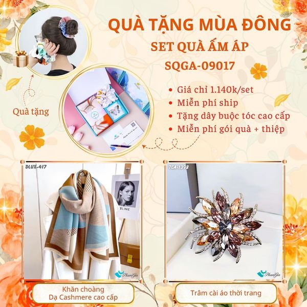 Quà Tặng Du Lịch Ấm Áp - Set Quà Tặng Khăn Choàng Dạ Cashmere Cao Cấp Và Ghim Cài Áo Thời Trang (SQGA09017)