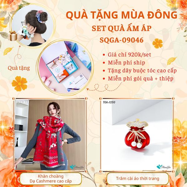 Quà Tặng Du Lịch Ấm Áp - Set Quà Tặng Khăn Choàng Dạ Cashmere Cao Cấp Và Ghim Cài Áo Thời Trang (SQGA09046)