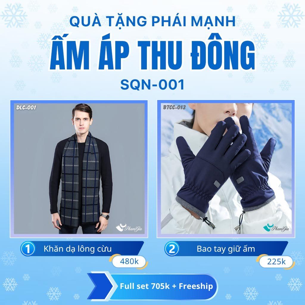Set Quà Tặng Giữ Ấm, Du Lịch Cho Nam - Khăn Choàng Dạ Lông Cừu Và Bao Tay Giữ Ấm (SQN001)
