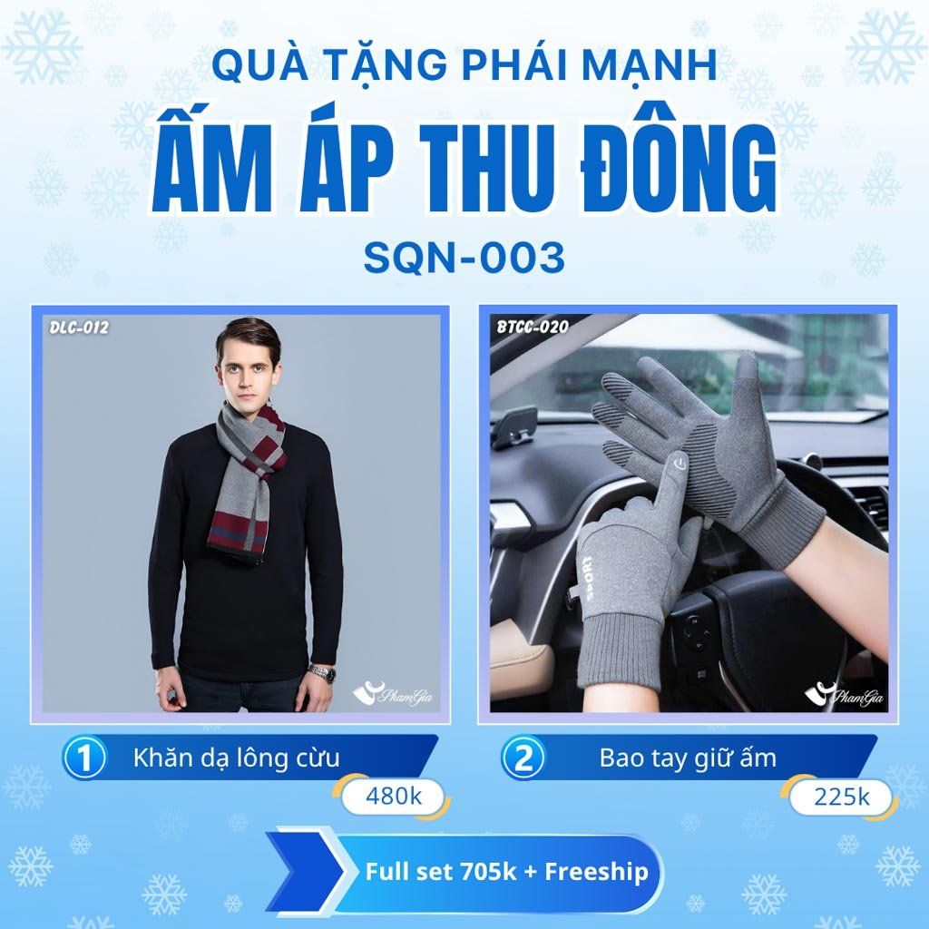Set Quà Tặng Giữ Ấm, Du Lịch Cho Nam - Khăn Choàng Dạ Lông Cừu Và Bao Tay Giữ Ấm (SQN003)