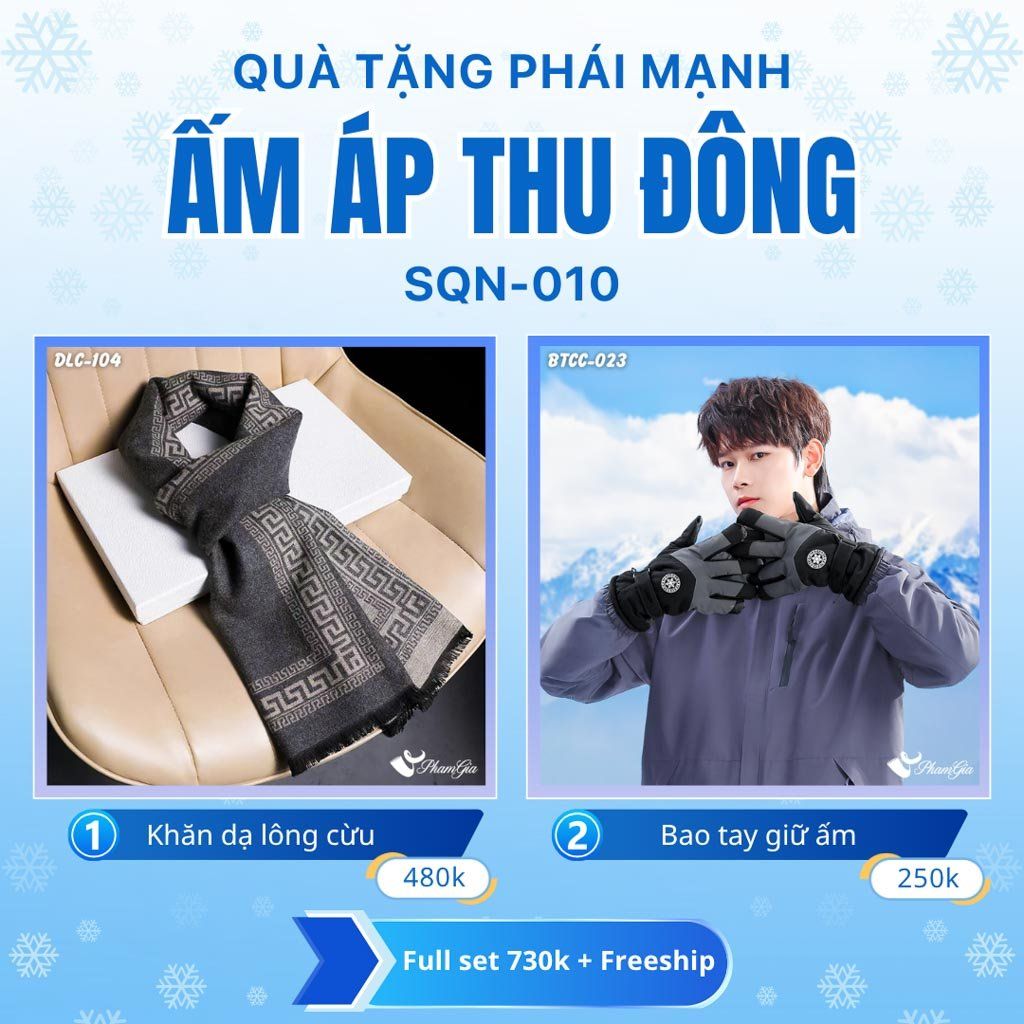 Set Quà Tặng Giữ Ấm, Du Lịch Cho Nam - Khăn Choàng Dạ Lông Cừu Và Bao Tay Giữ Ấm (SQN010)