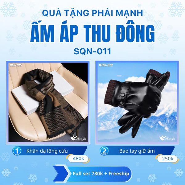 Set Quà Tặng Giữ Ấm, Du Lịch Cho Nam - Khăn Choàng Dạ Lông Cừu Và Bao Tay Giữ Ấm (SQN011)