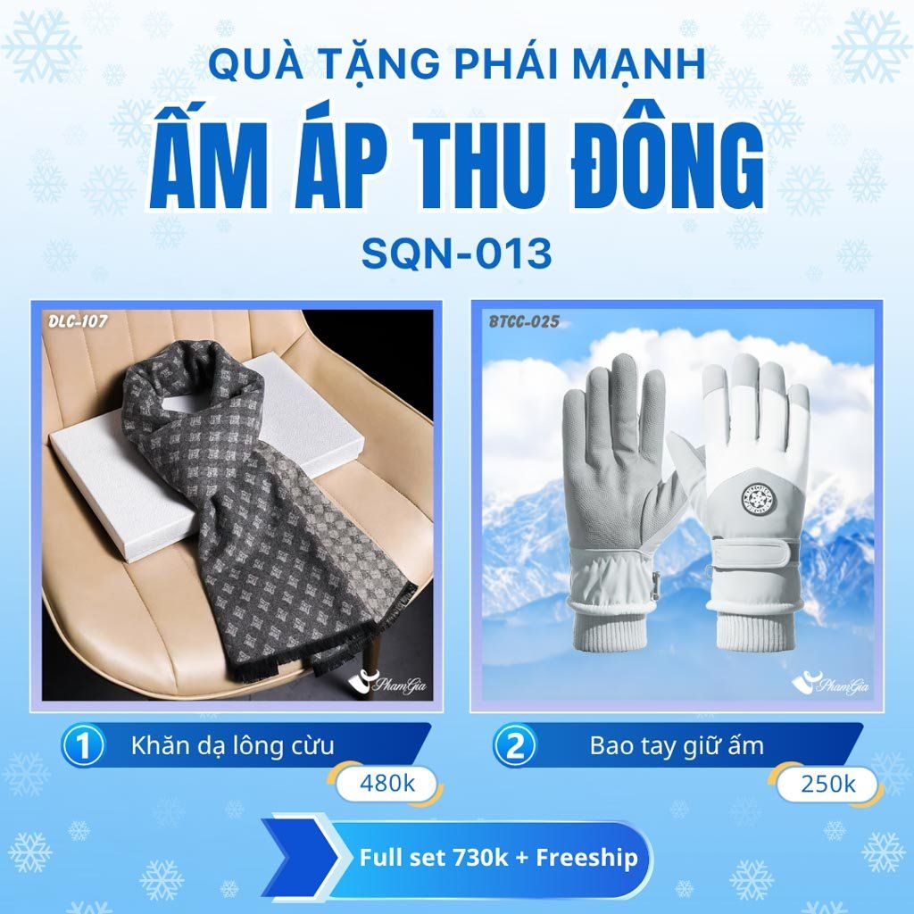 Set Quà Tặng Giữ Ấm, Du Lịch Cho Nam - Khăn Choàng Dạ Lông Cừu Và Bao Tay Giữ Ấm (SQN013)