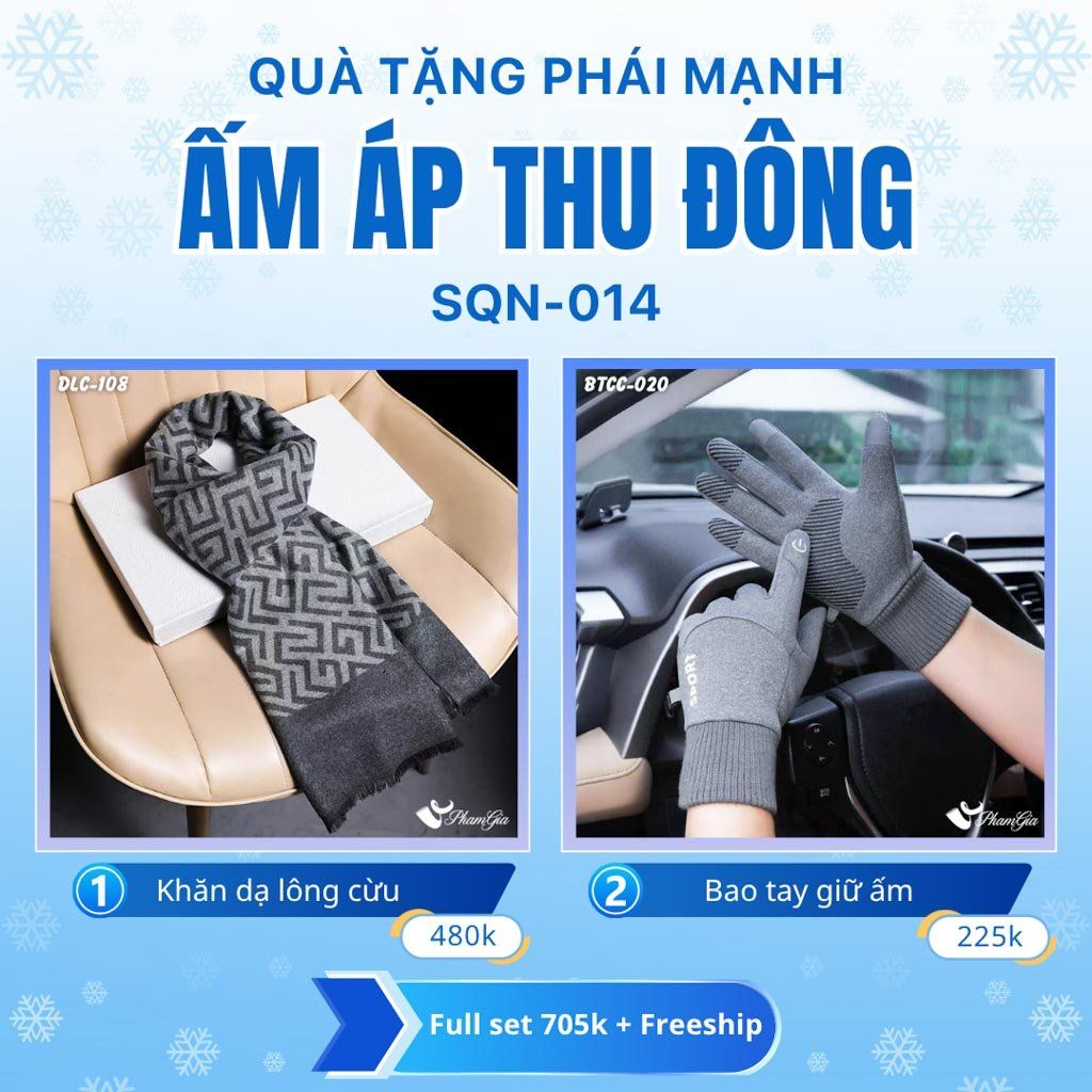 Set Quà Tặng Giữ Ấm, Du Lịch Cho Nam - Khăn Choàng Dạ Lông Cừu Và Bao Tay Giữ Ấm (SQN014)