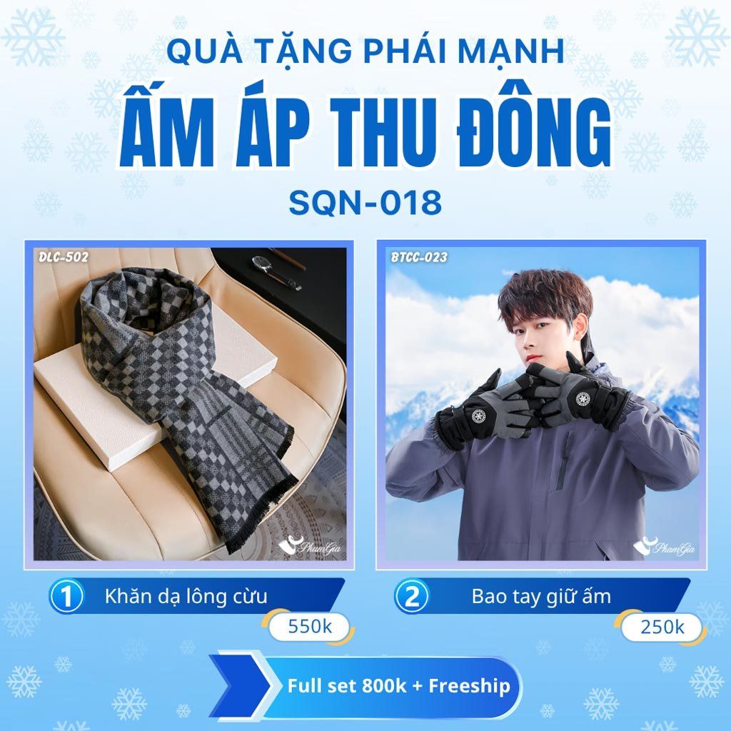 Set Quà Tặng Giữ Ấm, Du Lịch Cho Nam - Khăn Choàng Dạ Lông Cừu Và Bao Tay Giữ Ấm (SQN018)