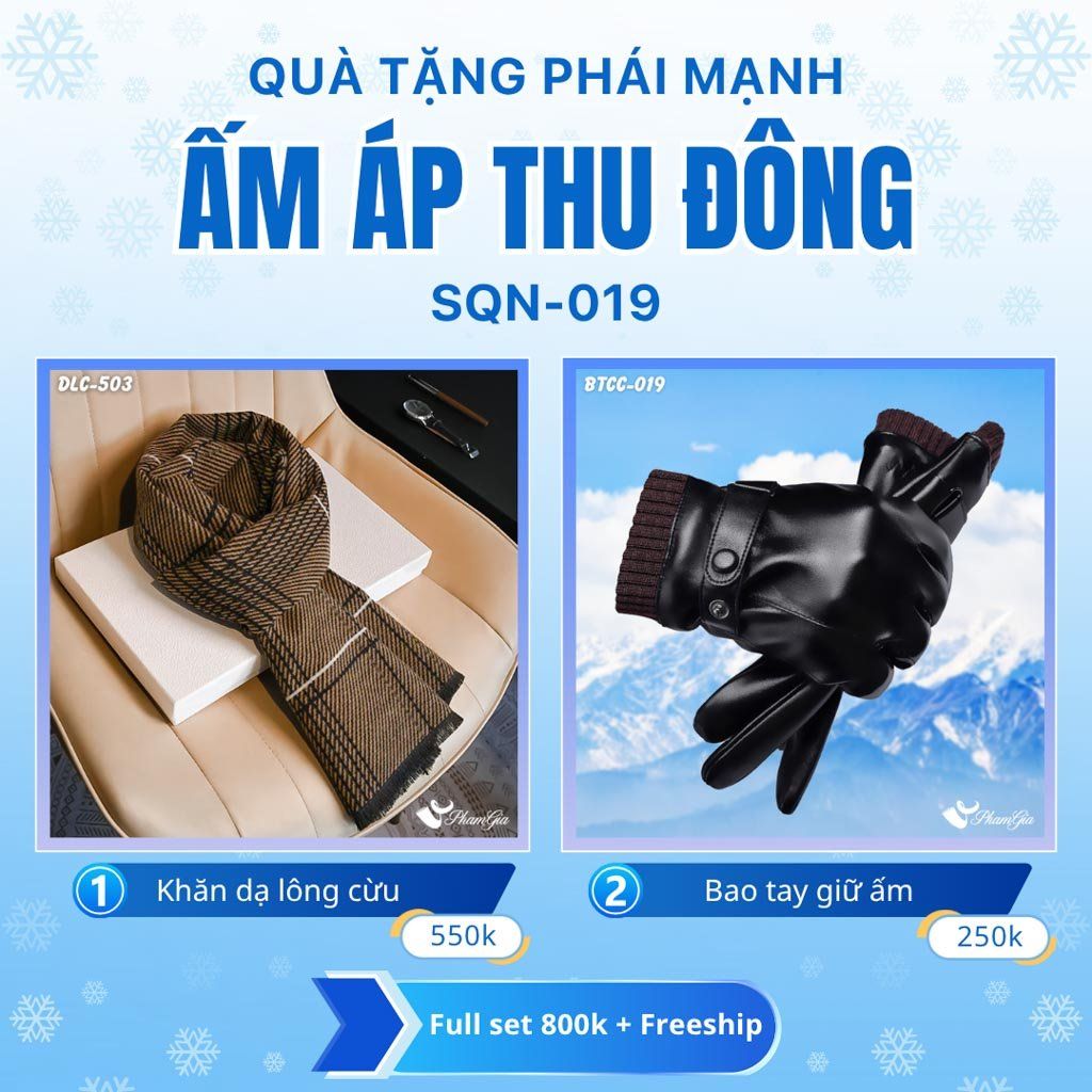 Set Quà Tặng Giữ Ấm, Du Lịch Cho Nam - Khăn Choàng Dạ Lông Cừu Và Bao Tay Giữ Ấm (SQN019)