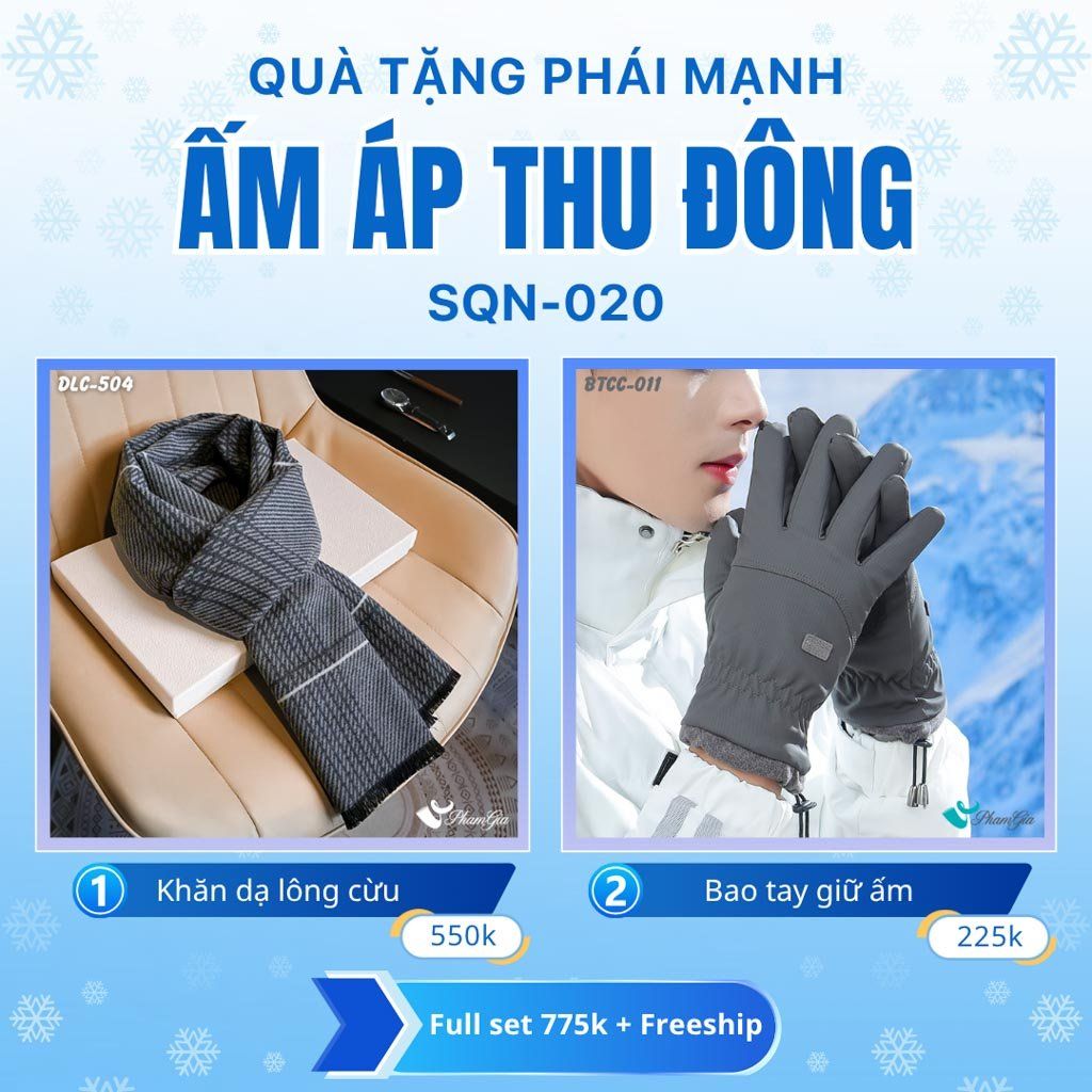 Set Quà Tặng Giữ Ấm, Du Lịch Cho Nam - Khăn Choàng Dạ Lông Cừu Và Bao Tay Giữ Ấm (SQN020)