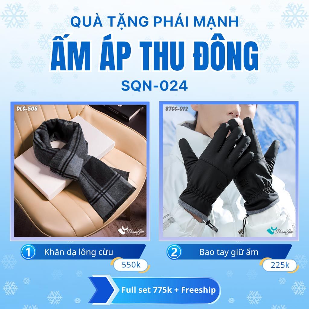 Set Quà Tặng Giữ Ấm, Du Lịch Cho Nam - Khăn Choàng Dạ Lông Cừu Và Bao Tay Giữ Ấm (SQN024)