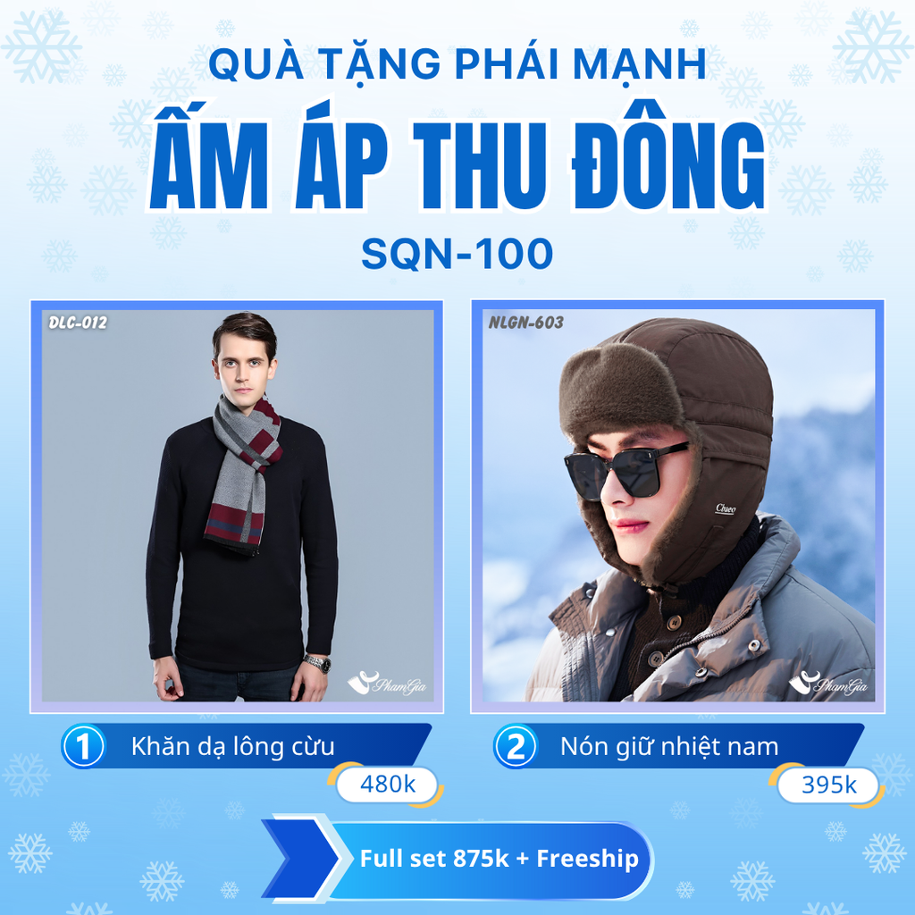 Set Quà Tặng Giữ Ấm, Du Lịch Cho Nam - Nón Len Và Khăn Choàng Dạ Lông Cừu (SQN100)