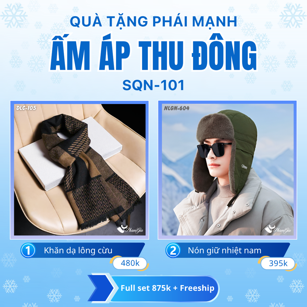 Set Quà Tặng Giữ Ấm, Du Lịch Cho Nam - Nón Len Và Khăn Choàng Dạ Lông Cừu (SQN101)