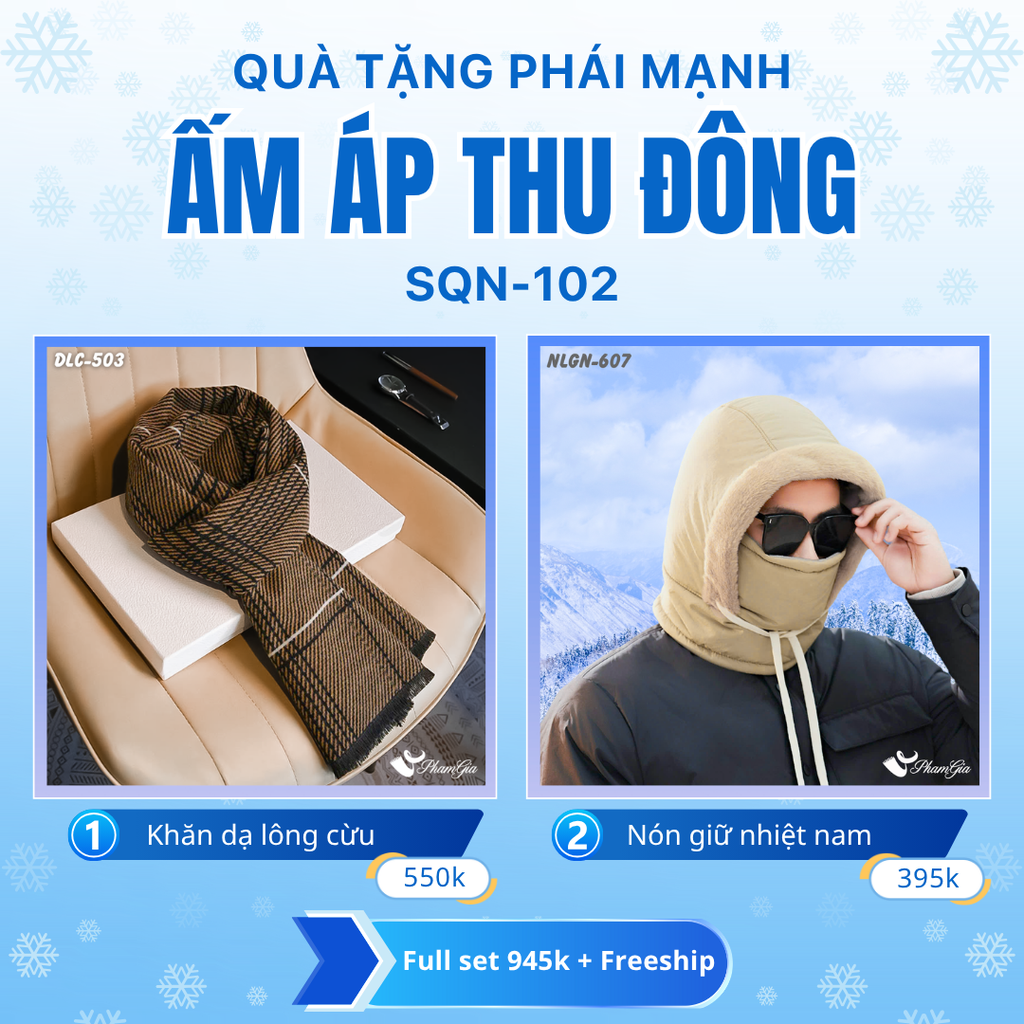 Set Quà Tặng Giữ Ấm, Du Lịch Cho Nam - Nón Len Và Khăn Choàng Dạ Lông Cừu (SQN102)