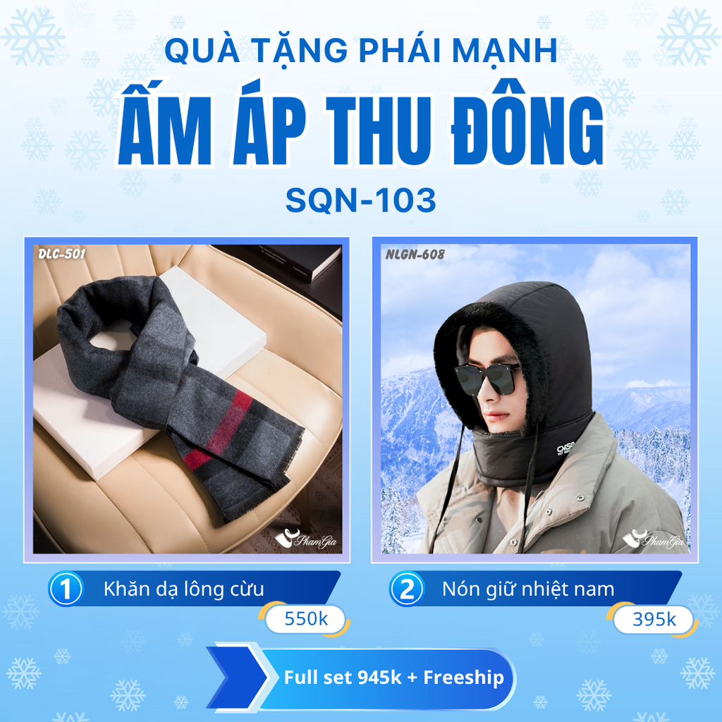 Set Quà Tặng Giữ Ấm, Du Lịch Cho Nam - Nón Len Và Khăn Choàng Dạ Lông Cừu (SQN103)
