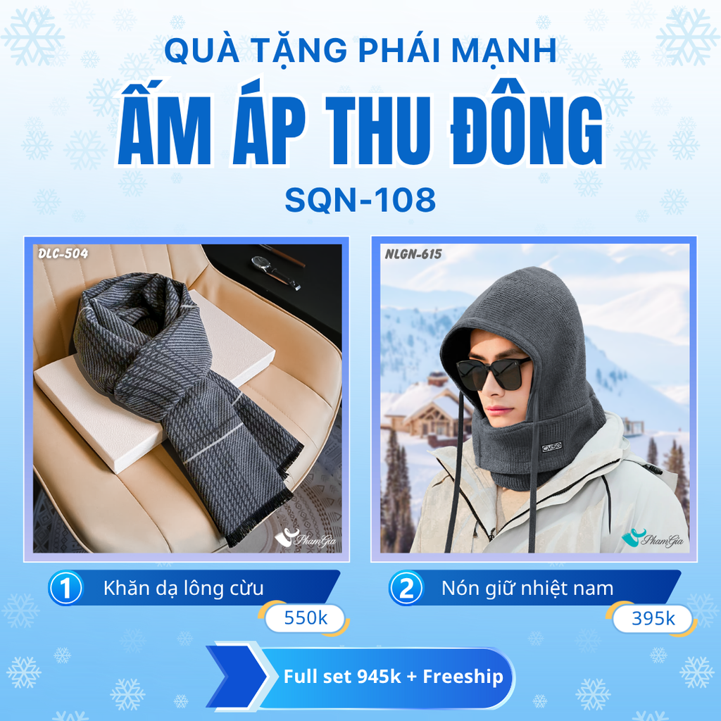 Set Quà Tặng Giữ Ấm, Du Lịch Cho Nam - Nón Len Và Khăn Choàng Dạ Lông Cừu (SQN108)