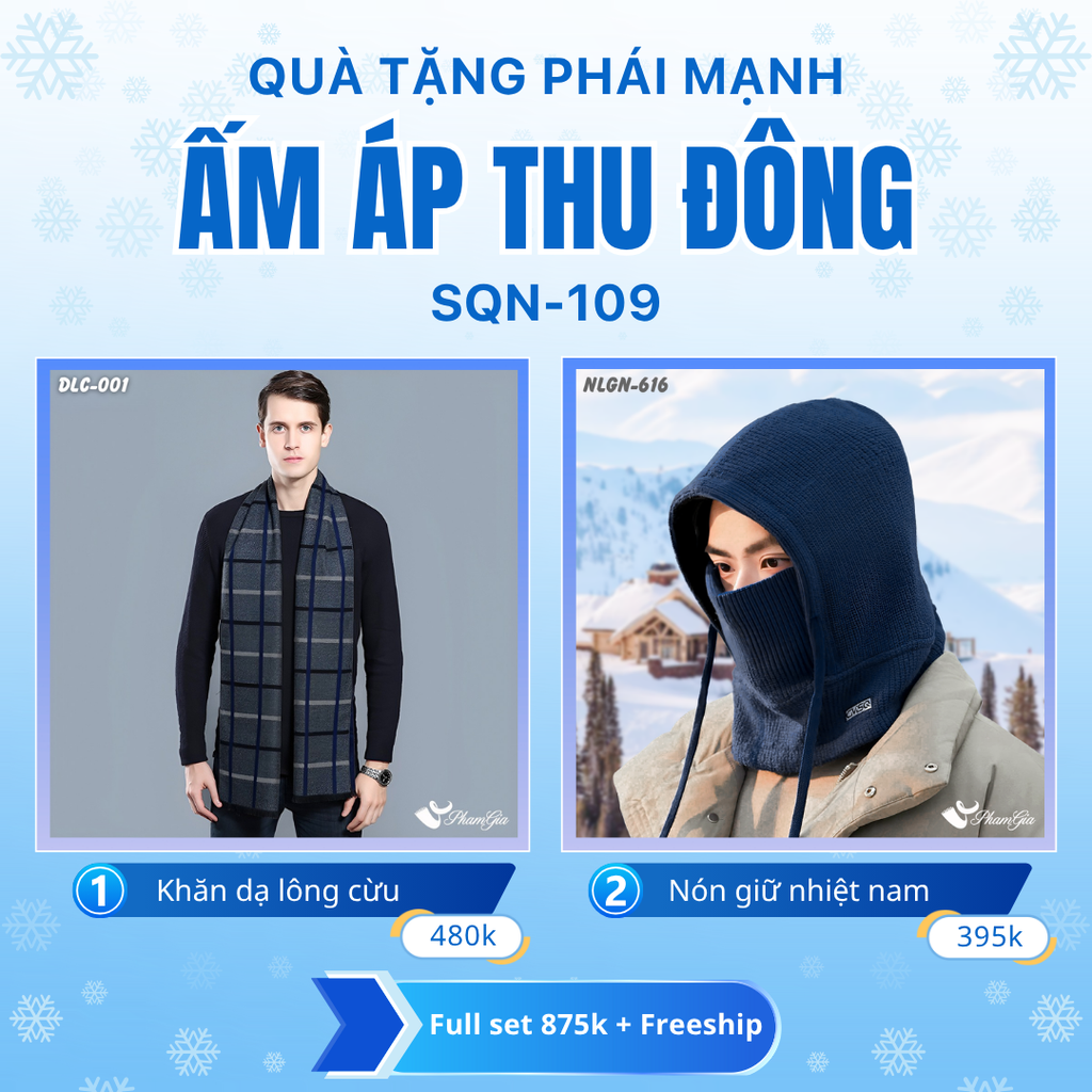 Set Quà Tặng Giữ Ấm, Du Lịch Cho Nam - Nón Len Và Khăn Choàng Dạ Lông Cừu (SQN109)