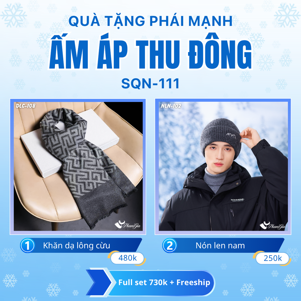 Set Quà Tặng Giữ Ấm, Du Lịch Cho Nam - Nón Len Và Khăn Choàng Dạ Lông Cừu (SQN111)