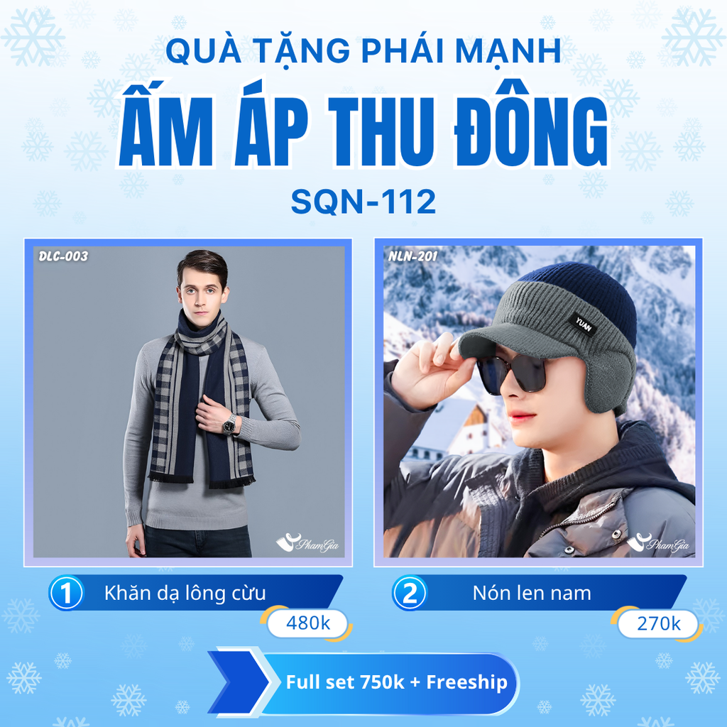 Set Quà Tặng Giữ Ấm, Du Lịch Cho Nam - Nón Len Và Khăn Choàng Dạ Lông Cừu (SQN112)