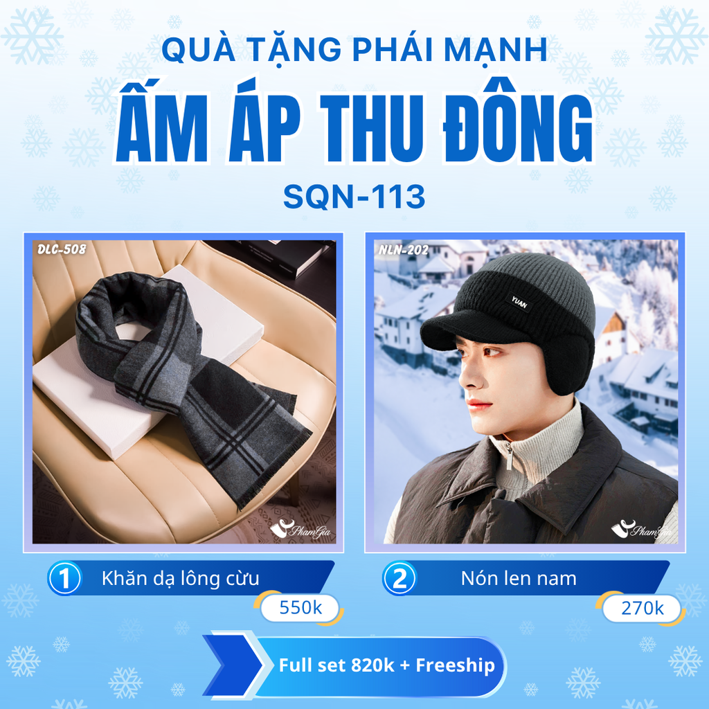 Set Quà Tặng Giữ Ấm, Du Lịch Cho Nam - Nón Len Và Khăn Choàng Dạ Lông Cừu (SQN113)