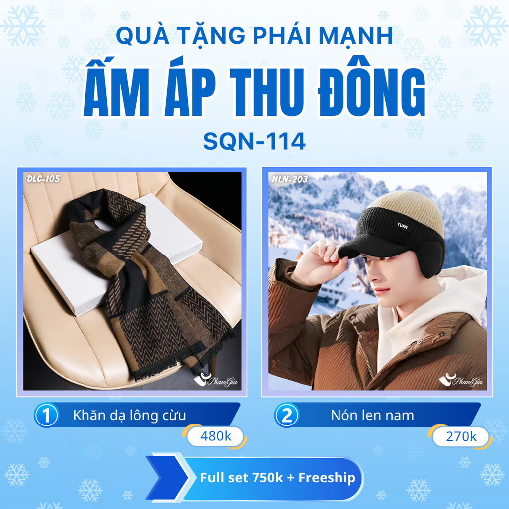 Set Quà Tặng Giữ Ấm, Du Lịch Cho Nam - Nón Len Và Khăn Choàng Dạ Lông Cừu (SQN114)