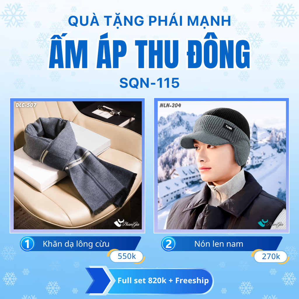 Set Quà Tặng Giữ Ấm, Du Lịch Cho Nam - Nón Len Và Khăn Choàng Dạ Lông Cừu (SQN115)