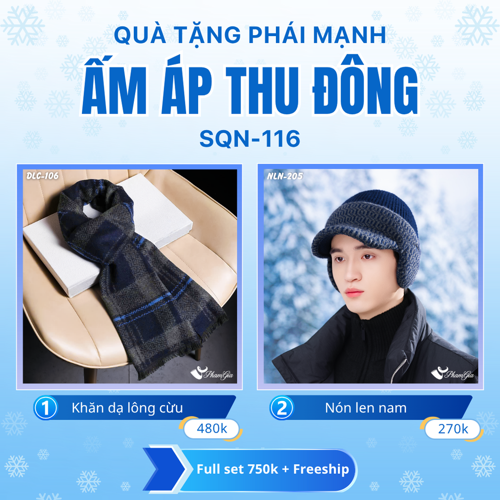 Set Quà Tặng Giữ Ấm, Du Lịch Cho Nam - Nón Len Và Khăn Choàng Dạ Lông Cừu (SQN116)