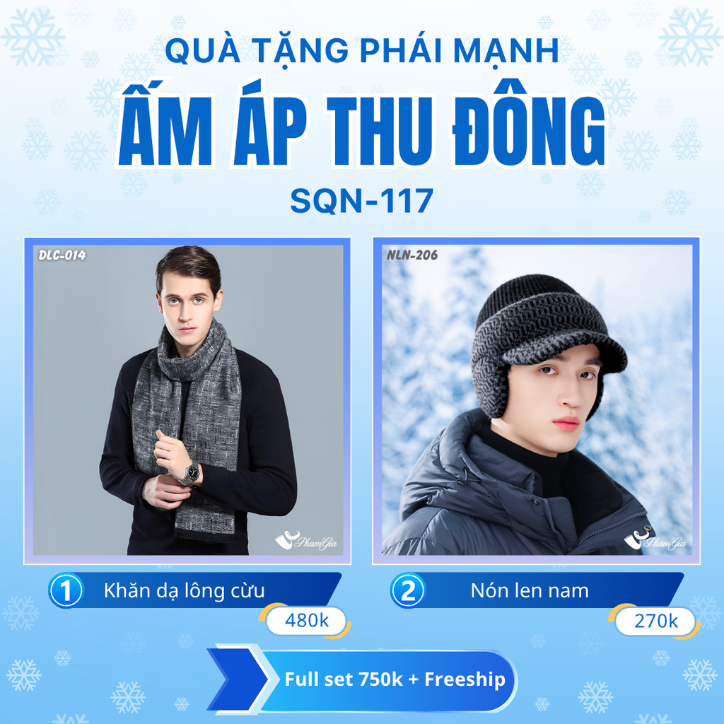 Set Quà Tặng Giữ Ấm, Du Lịch Cho Nam - Nón Len Và Khăn Choàng Dạ Lông Cừu (SQN117)