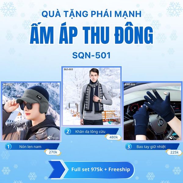 Set Quà Tặng Giữ Ấm, Du Lịch Cho Nam - Khăn Choàng, Nón Len Và Bao Tay Giữ Ấm (SQN501)