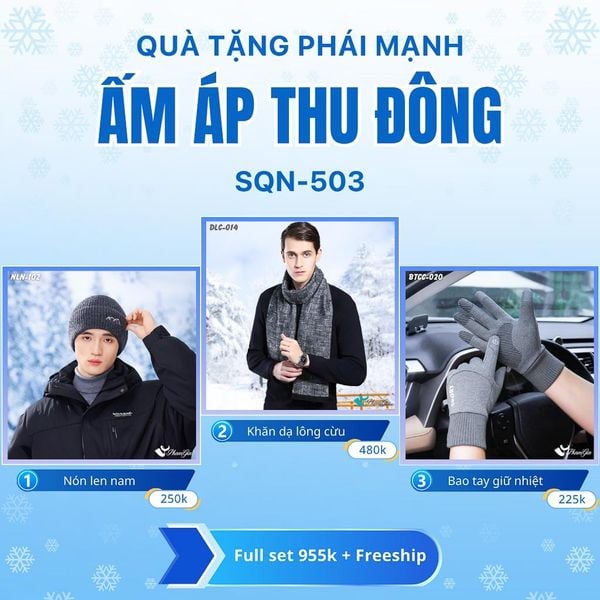 Set Quà Tặng Giữ Ấm, Du Lịch Cho Nam - Khăn Choàng, Nón Len Và Bao Tay Giữ Ấm (SQN503)