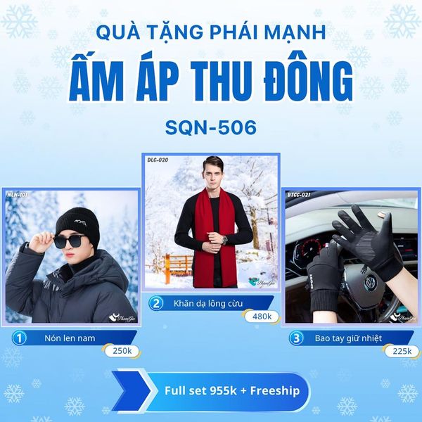 Set Quà Tặng Giữ Ấm, Du Lịch Cho Nam - Khăn Choàng, Nón Len Và Bao Tay Giữ Ấm (SQN506)