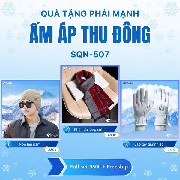 Set Quà Tặng Giữ Ấm, Du Lịch Cho Nam - Khăn Choàng, Nón Len Và Bao Tay Giữ Ấm (SQN507)