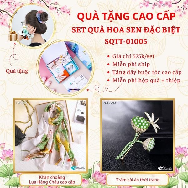 Quà Tặng Cao Cấp - Set Quà Tặng Khăn Choàng Và Ghim Cài Áo Chủ Đề Hoa Sen Đặc Biệt (SQTT01005)