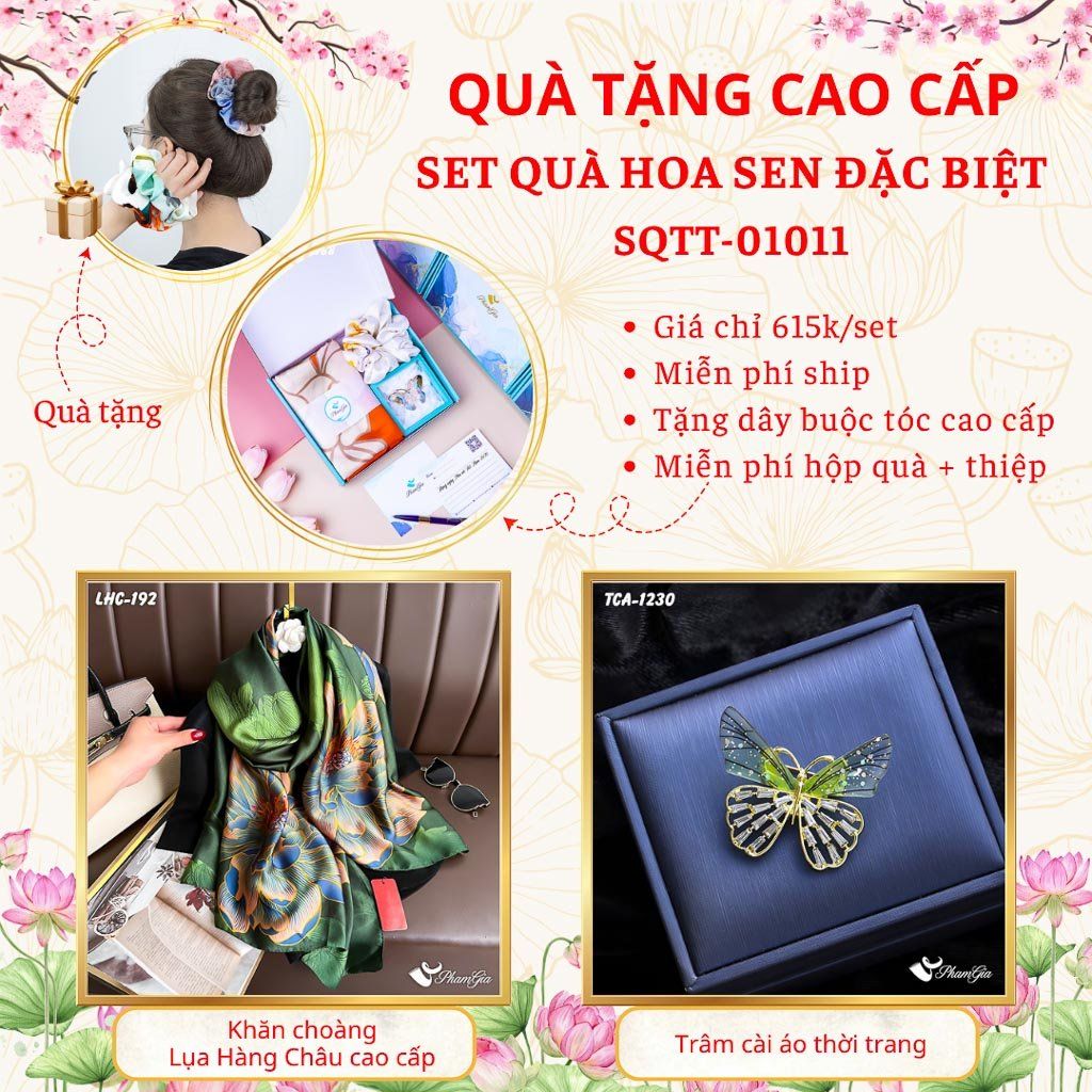 Quà Tặng Cao Cấp - Set Quà Tặng Khăn Choàng Và Ghim Cài Áo Chủ Đề Hoa Sen Đặc Biệt (SQTT01011)