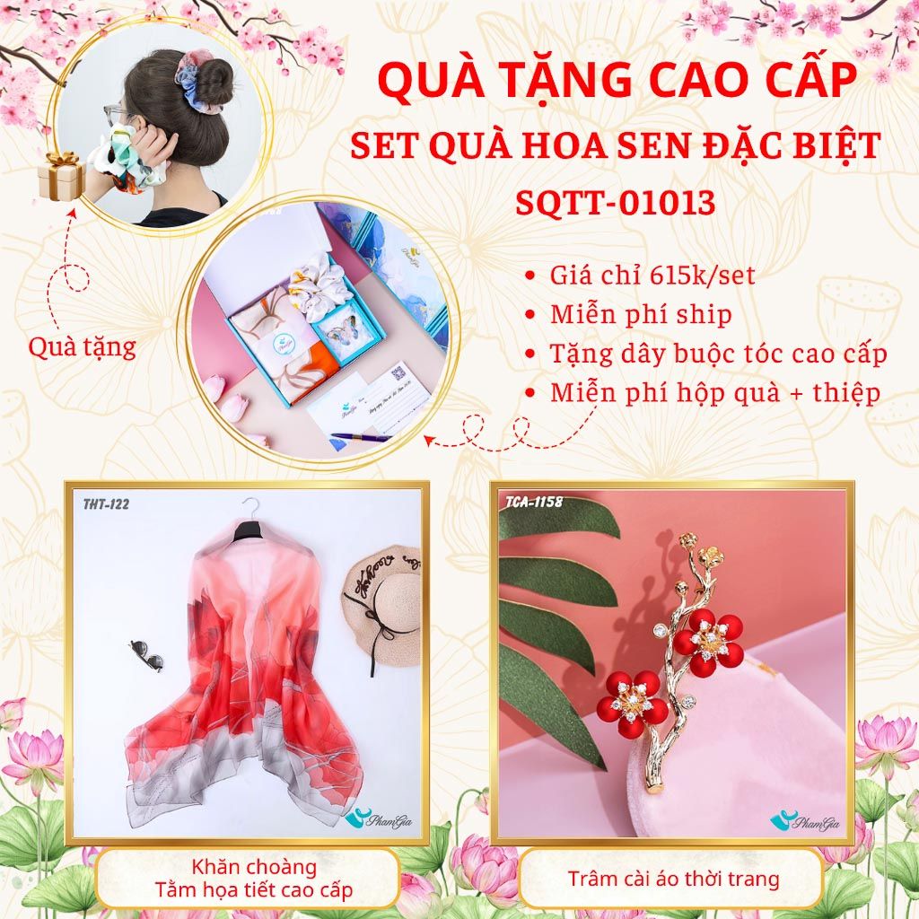 Quà Tặng Cao Cấp - Set Quà Tặng Khăn Choàng Và Ghim Cài Áo Chủ Đề Hoa Sen Đặc Biệt (SQTT01013)